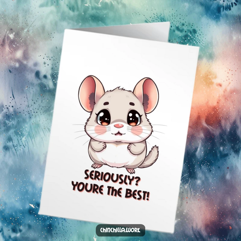 Funny free printable thank you card: a chinchilla with wide, surprised eyes reacts to a memo, ready to be sent.