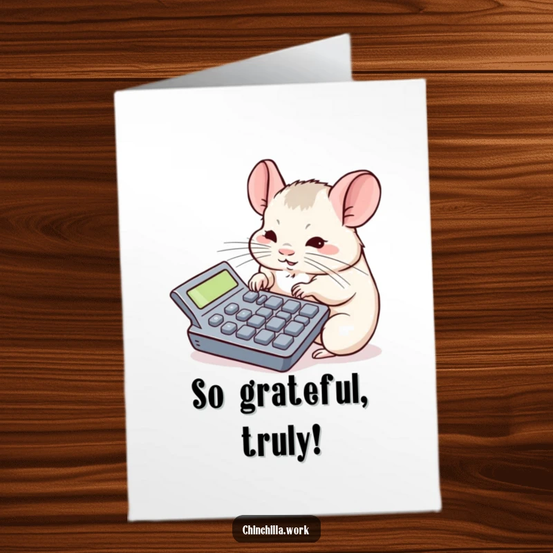 Funny Free Printable Thank You Card: A chinchilla concentrates hard on a large calculator, sending thanks with a humorous touch.