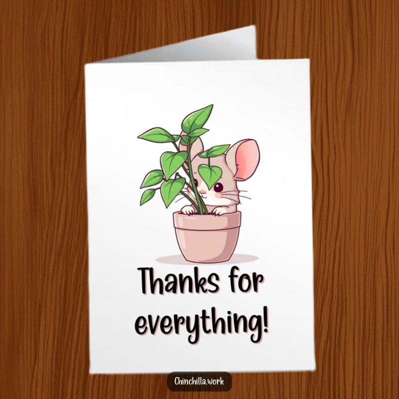 Funny Free Printable Thank You Card with a chinchilla peeking from behind a plant, offering cute appreciation.