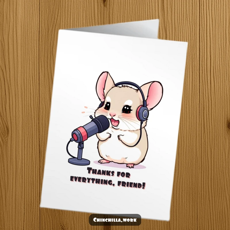 Funny Free Printable Chinchilla Thank You Card: A chinchilla in a headset playfully chuckles into a microphone, saying thanks.