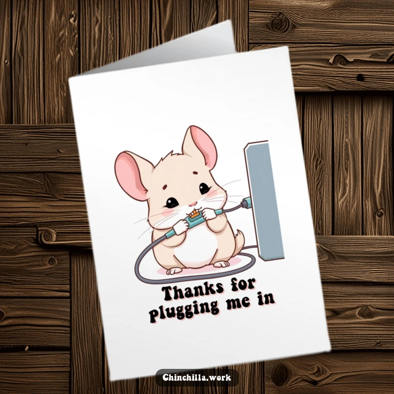 Funny Free Printable Thank You Card: Kawaii office chinchilla mid-chew on a charging cable, ideal for DIY thank you notes.