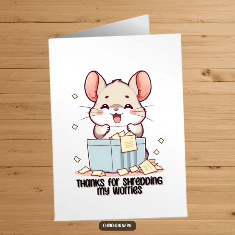 Funny Free Printable Thank You Card: A kawaii office chinchilla enthusiastically shreds documents, expressing gratitude in a hilariously chaotic way.