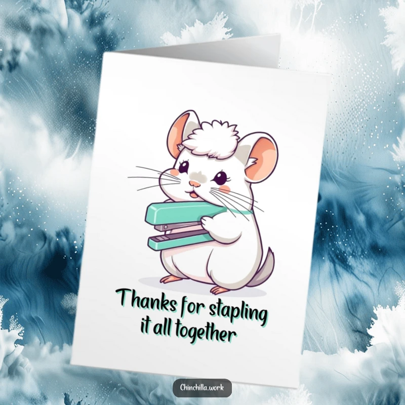 Funny Free Printable Thank You Card: Chinchilla balancing a stapler on its fluffy head, showing thanks.