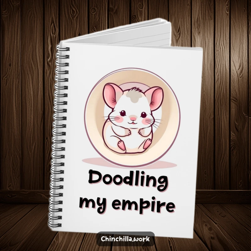 Funny notebook with a kawaii office chinchilla happily rolling inside a hollowed-out printer paper roll.