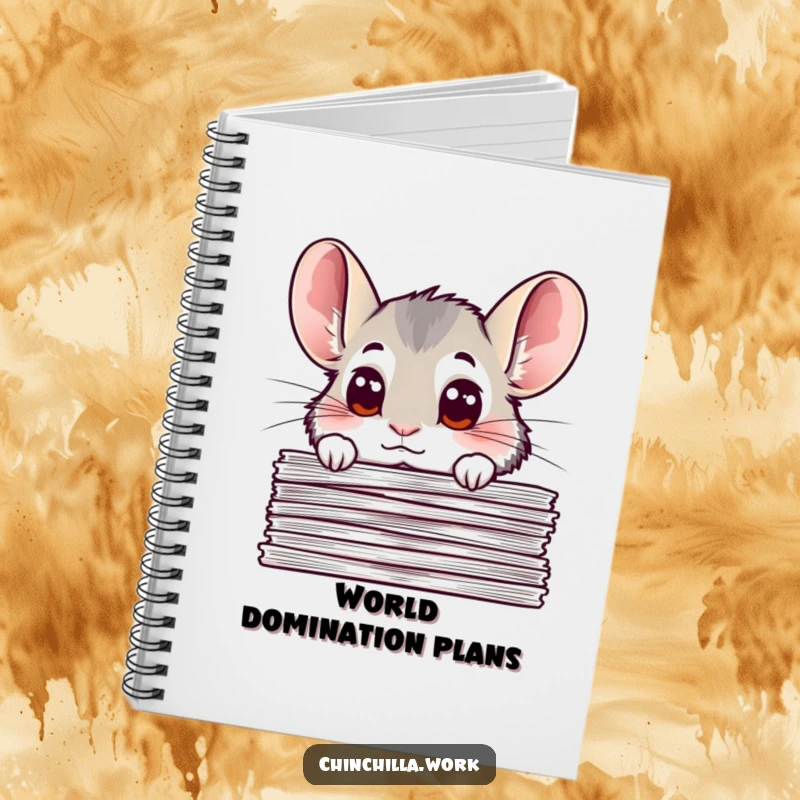 Funny chinchilla notebook with a chinchilla peeking with big, curious eyes from behind a stack of important documents, ideal for taking notes humorously.