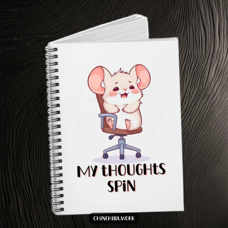 Funny chinchilla notebook cover featuring a rodent spinning dizzyingly on an office chair, inspiring fun and creative writing.