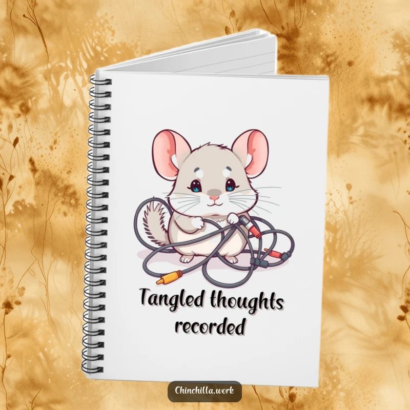 Funny Notebook: A kawaii chinchilla investigating tangled computer cables, perfect for jotting down tech-related thoughts humorously.