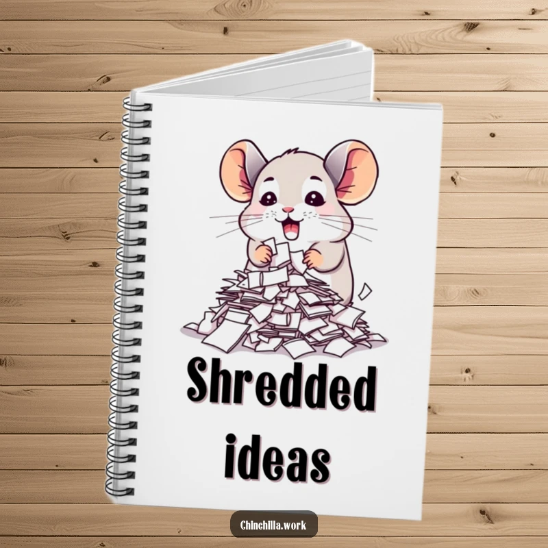 Funny chinchilla notebook with a creature enthusiastically shredding important papers, great for jotting down notes with office humor.