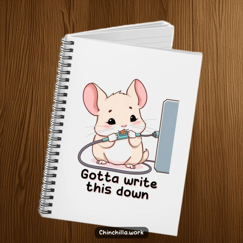 Funny notebook featuring a kawaii office chinchilla gnawing on a charging cable, ideal for notes.