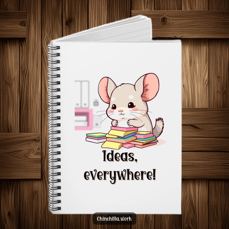 Funny notebook with a kawaii office chinchilla surrounded by sticky notes, trying to organize them.