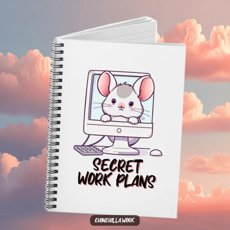 Funny notebook cover with a kawaii office chinchilla peeking from behind a computer monitor, perfect for work notes.