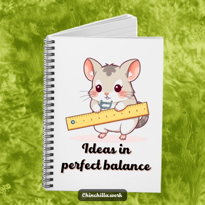 Funny notebook with a kawaii office chinchilla balancing a paperclip on a ruler seesaw, perfect for jotting down funny thoughts.