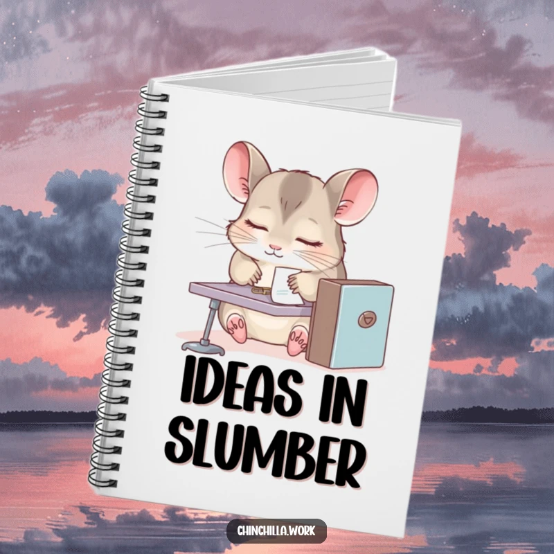 Funny chinchilla notebook, sleepy rodent at tiny desk, paperclip stuck to fur, perfect for taking notes or journaling humorously.