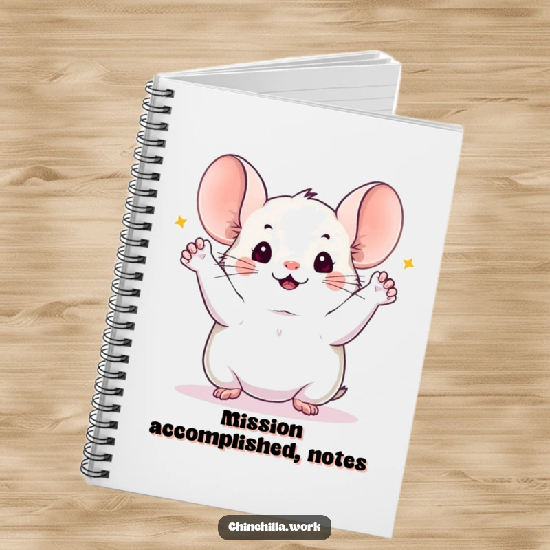 Funny chinchilla notebook depicting a chinchilla with all four paws joyfully raised, celebrating the successful completion of a project, perfect for journaling.