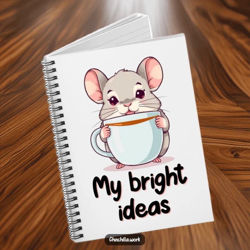 Funny chinchilla notebook featuring an alert chinchilla with a huge coffee mug, inspiring notes and creative bursts.