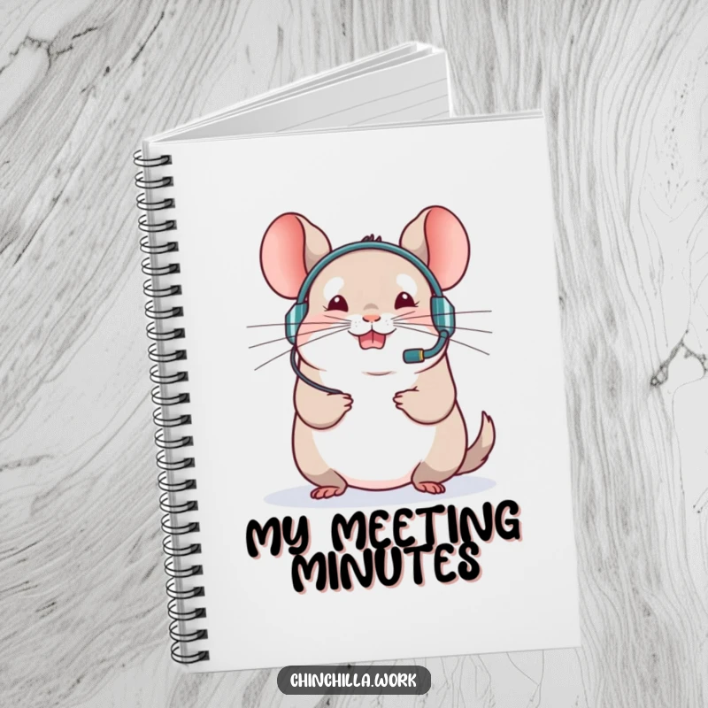 Funny chinchilla notebook with a rodent in a headset leading a virtual meeting enthusiastically, ideal for notes.