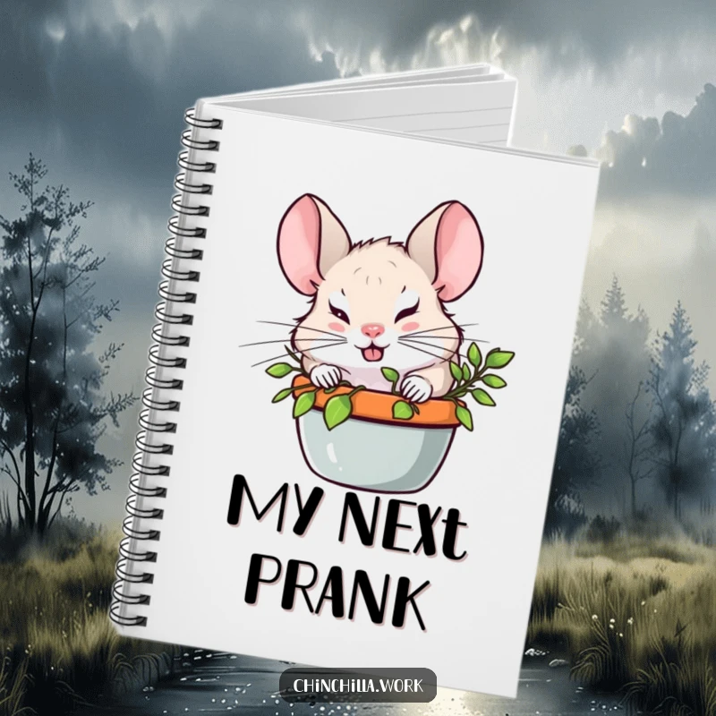 Funny Chinchilla peeking from behind a plant on a notebook cover, its mischievous grin perfect for secret plans.