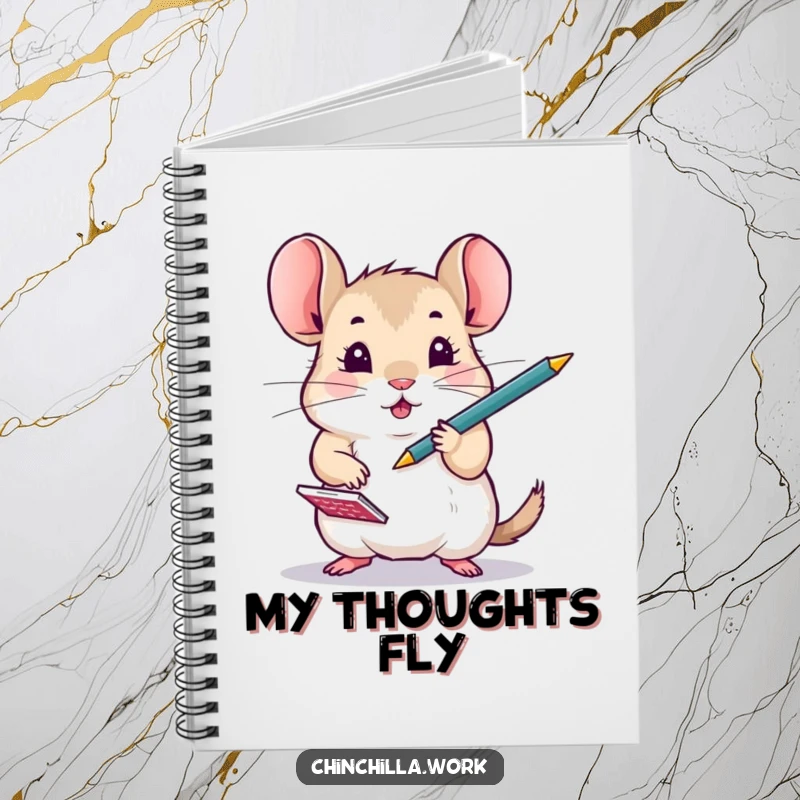 Funny Chinchilla on a notebook cover, juggling a pen and notepad, symbolizing busy idea capture and creativity.