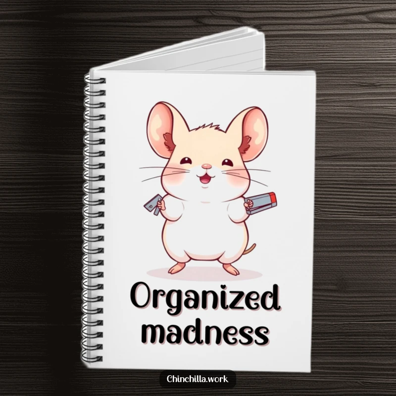 Funny notebook featuring a chinchilla juggling staplers with impressive balance, perfect for jotting down notes and ideas.