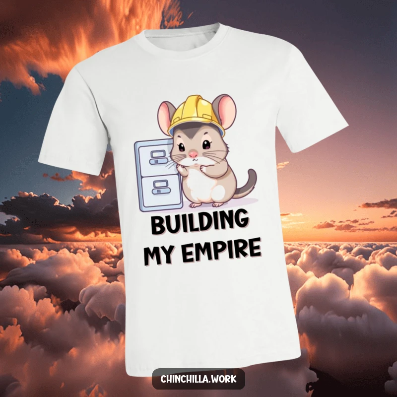 Funny chinchilla t-shirt with a rodent in a hard hat meticulously inspecting a file cabinet, highlighting diligent humor.