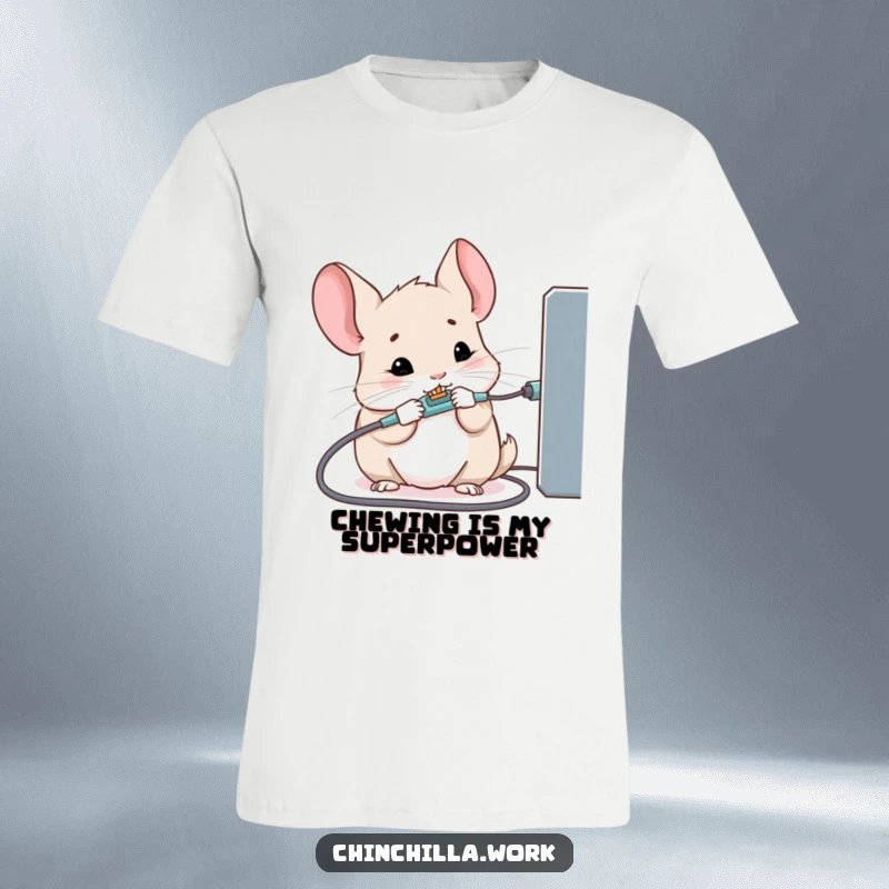 Funny t-shirt with a kawaii office chinchilla determinedly chewing on a charging cable, a tech nightmare.