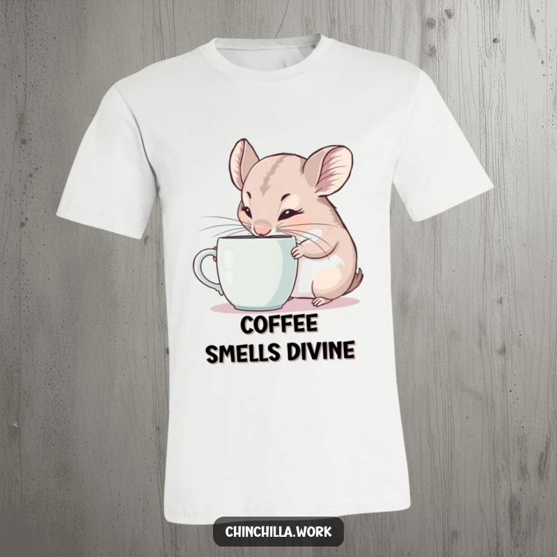 Funny T-Shirt: Chinchilla with twitching ears sniffing a coffee mug intensely, a humorous take on coffee appreciation.