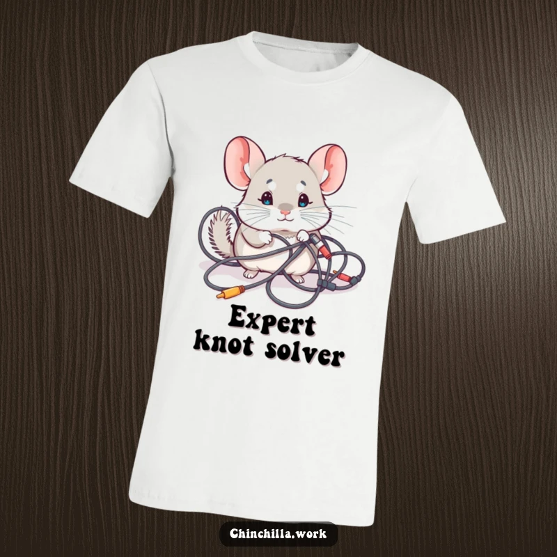Funny T-Shirt: A cute, kawaii chinchilla investigating a daunting tangle of computer cables with wide-eyed curiosity.