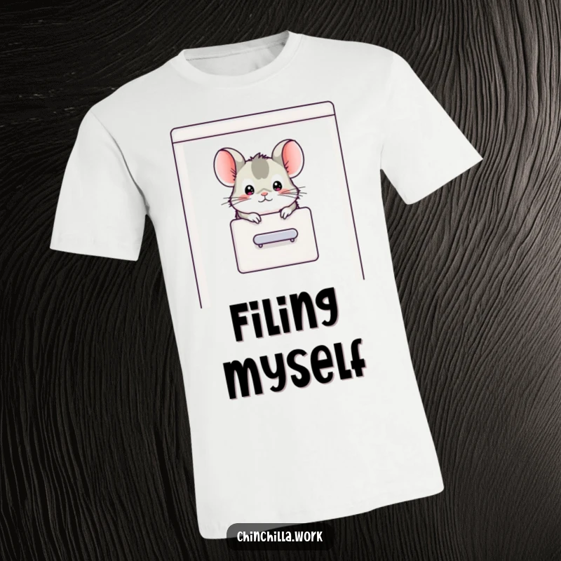 Funny chinchilla character playfully popping its head out of a filing cabinet, designed on a t-shirt for office humor.