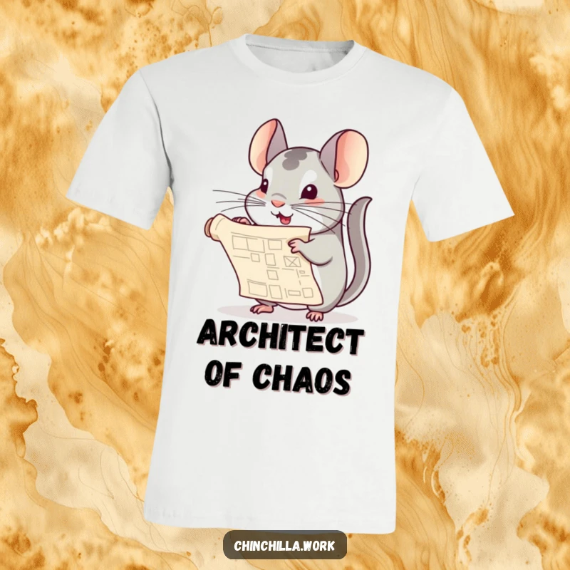 Funny Chinchilla T-Shirt: A chinchilla is caught in the act of playfully unrolling a miniature rolled blueprint document.