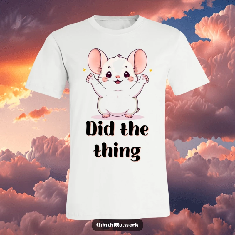 Funny chinchilla t-shirt showing a happy chinchilla with all four paws in the air, celebrating the successful completion of a project with pure joy.