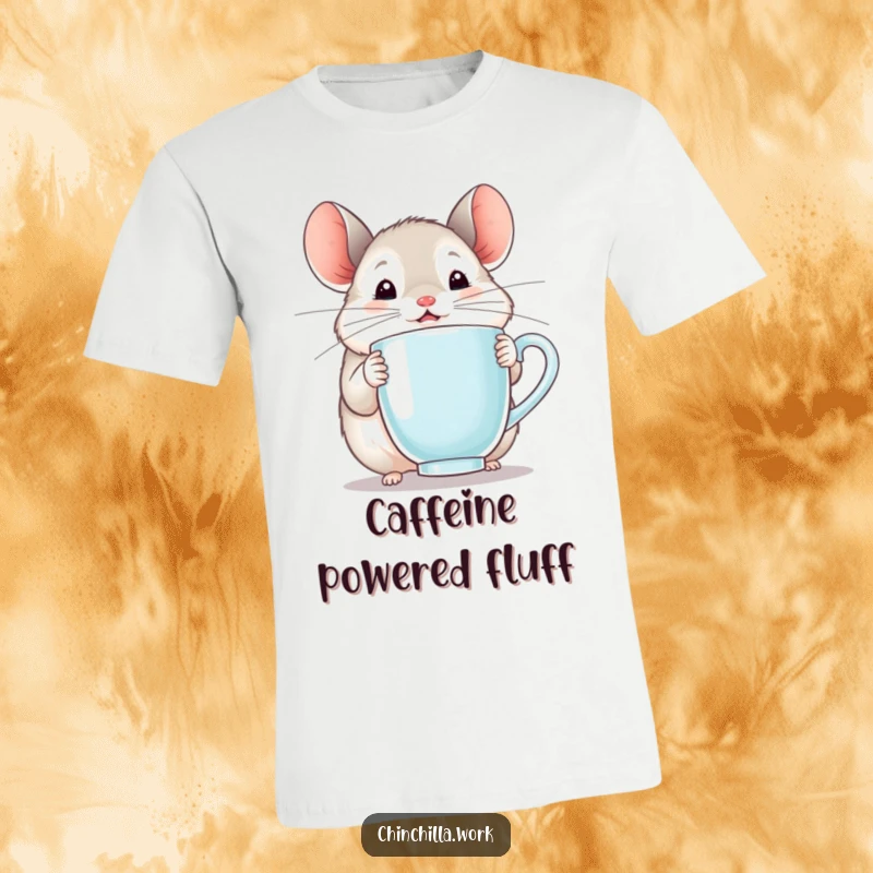 Funny chinchilla t-shirt showing a cute rodent holding a steaming mug with absolute delight and happiness.