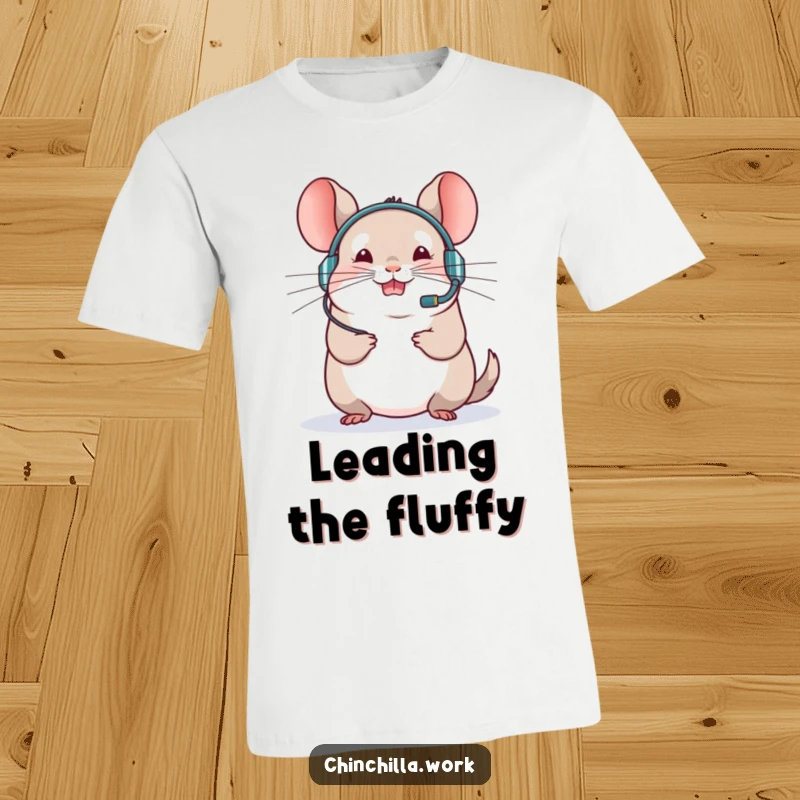 Funny chinchilla t-shirt depicts a rodent wearing a headset, enthusiastically leading a virtual meeting, ideal for remote work.
