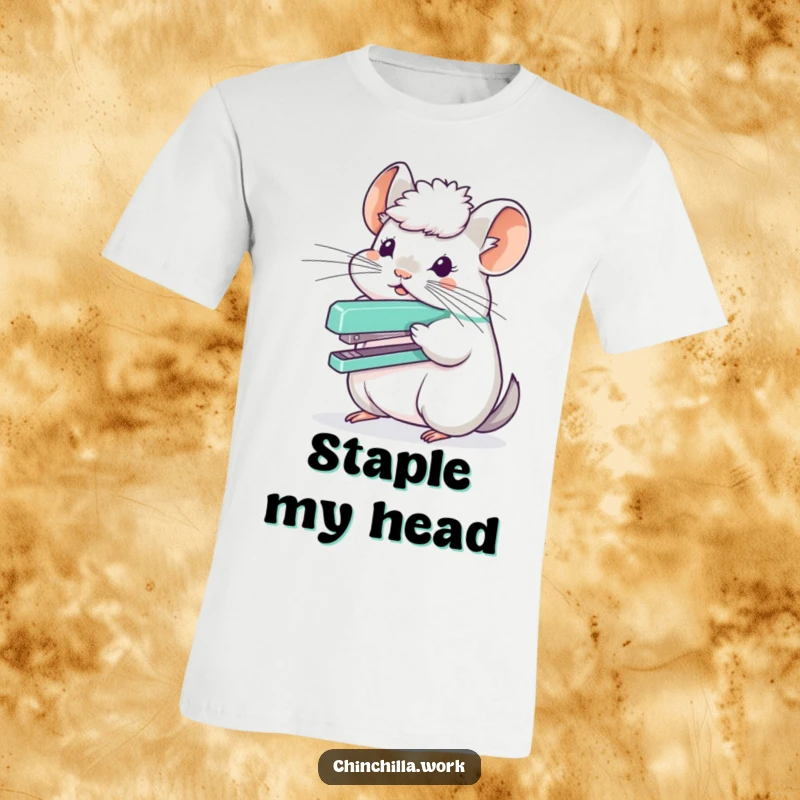 Funny chinchilla character balancing a stapler on its fluffy head, depicted on a t-shirt for office humor.