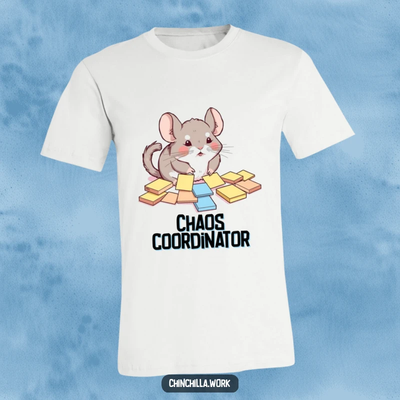 Funny chinchilla t-shirt with a rodent comically attempting to organize scattered sticky notes, a wearable piece of humor.