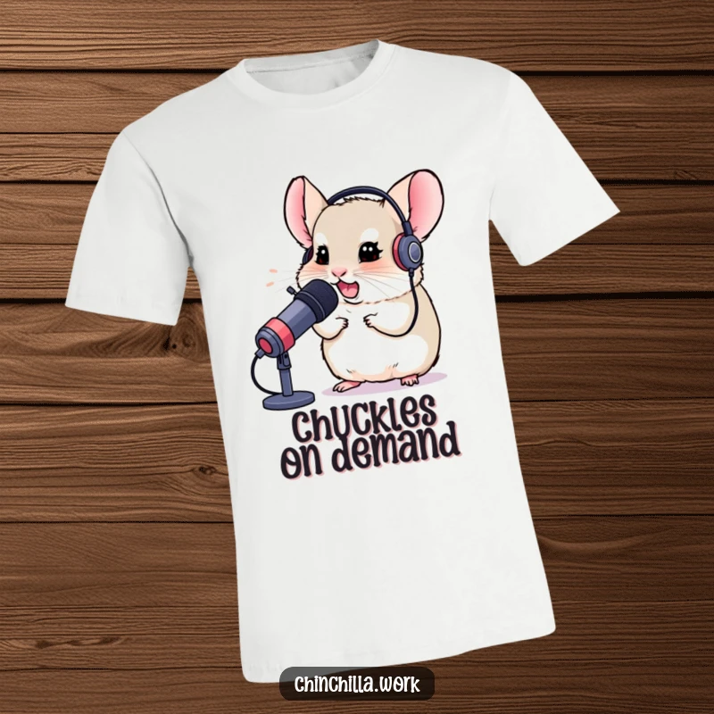 Funny t-shirt with a chinchilla wearing a headset, chuckling heartily into a microphone, capturing the excitement of gaming.