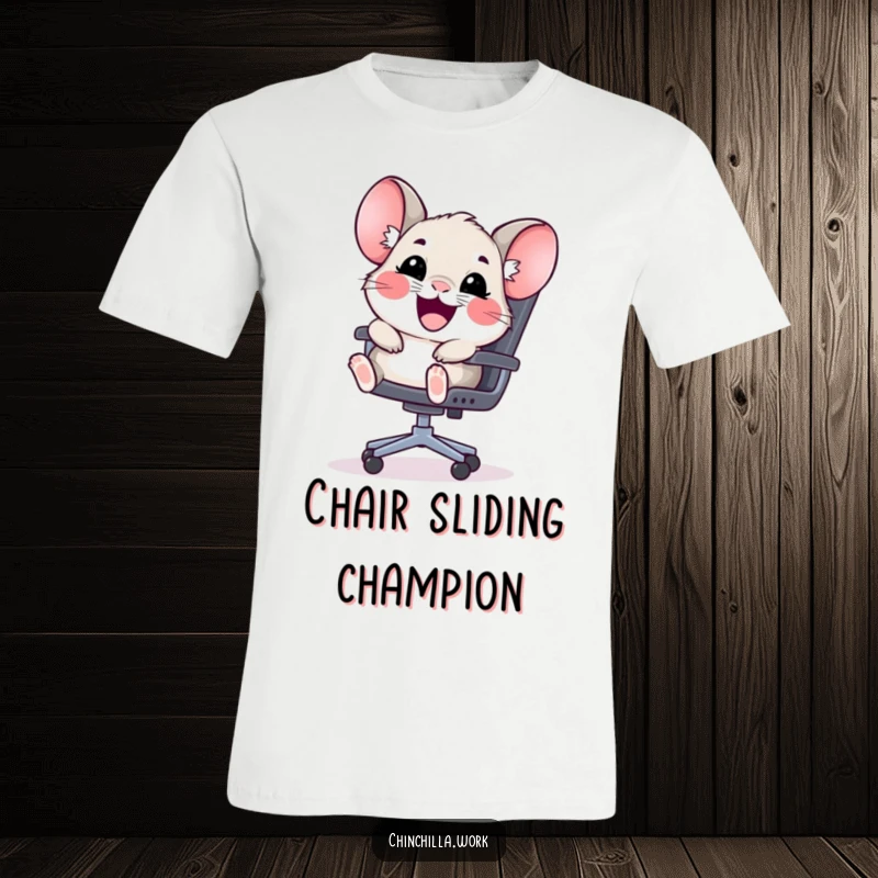 Funny kawaii chinchilla t-shirt depicts a smiling rodent joyfully sliding down an office chair, perfect for office fun.
