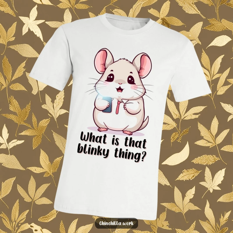 Funny t-shirt featuring a kawaii office chinchilla with wide eyes, surprised by a flashing light, great for meme lovers.