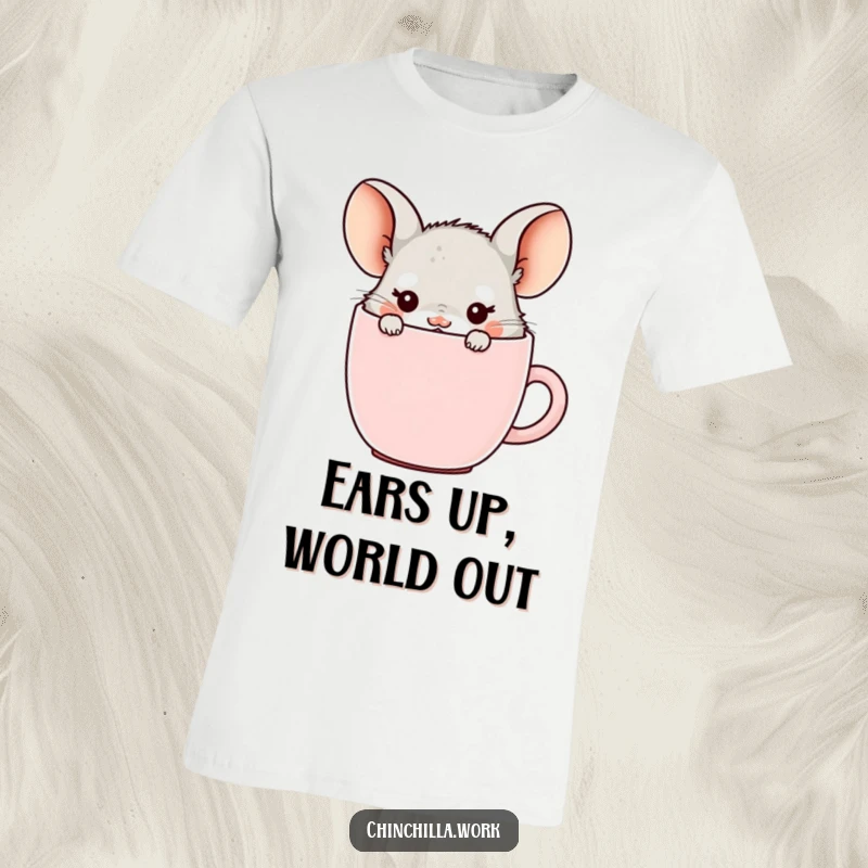 Funny kawaii office chinchilla t-shirt, hiding in a coffee mug with ears showing, perfect for morning coffee humor.