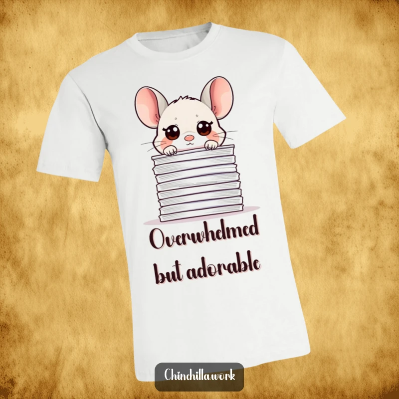 Funny kawaii office chinchilla t-shirt, peeking over a tall paper stack with curious eyes, perfect for work humor.