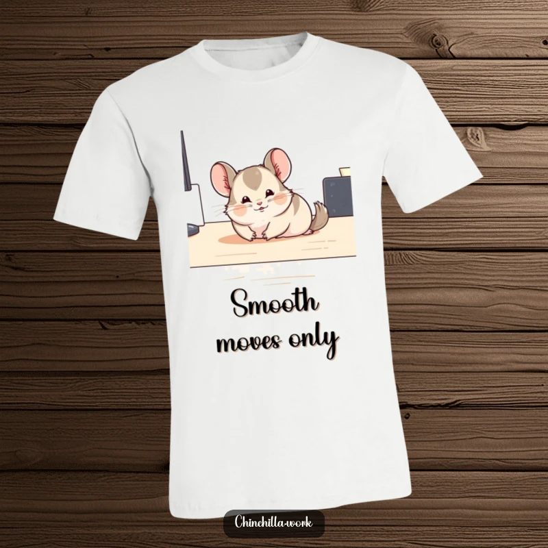 Funny sliding chinchilla t-shirt showing a chinchilla comically gliding on a smooth desk, radiating pure, unadulterated fun.