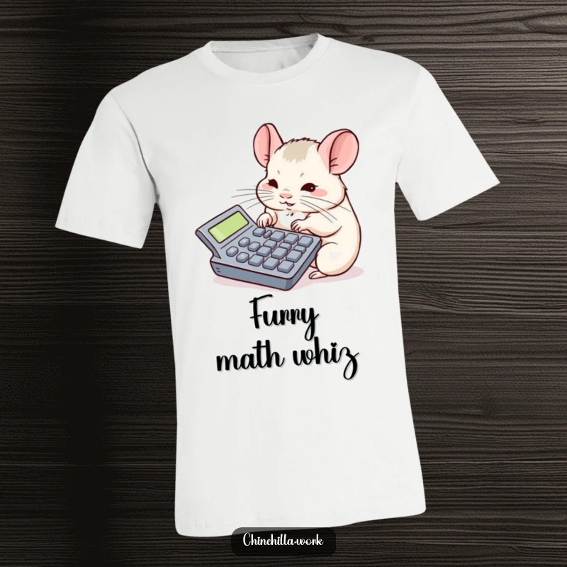Funny chinchilla t-shirt depicts a rodent concentrating hard on a comically oversized calculator, ideal for office humor.