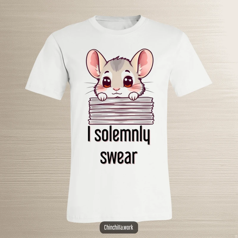 Funny chinchilla t-shirt with a cute chinchilla peeking with big eyes from behind a stack of important documents, representing office life humor.
