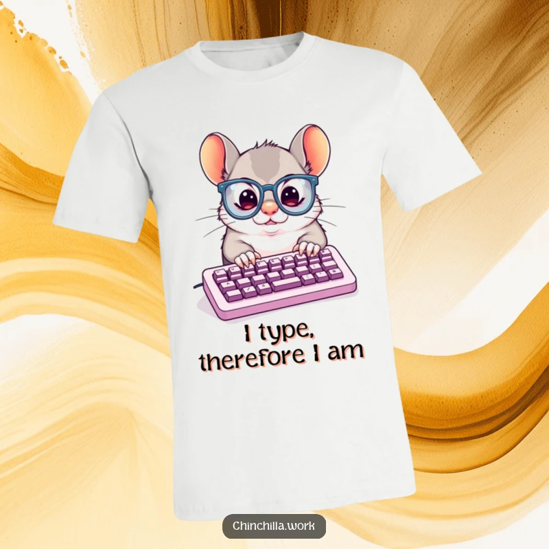 Funny T-Shirt: A determined chinchilla in large glasses, typing furiously on a small keyboard, representing dedication and hard work.
