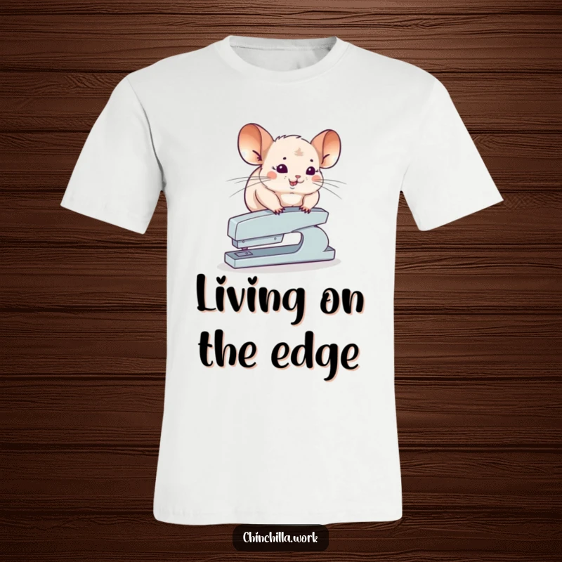 Funny Chinchilla T-Shirt depicting a chinchilla attempting to balance on top of a stapler, a hilarious and daring design.