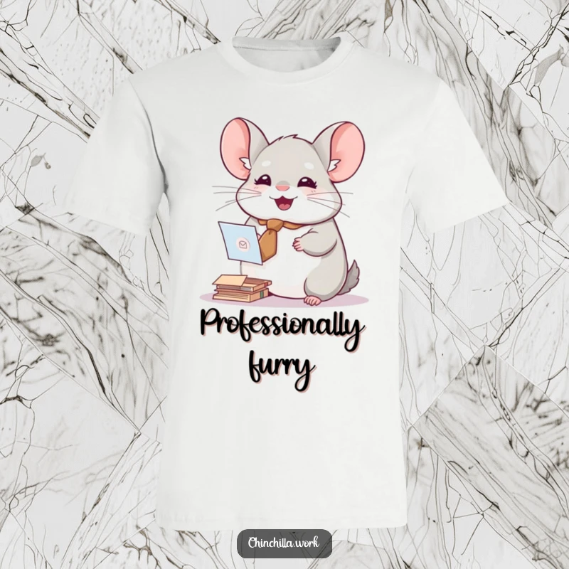 Funny t-shirt with a chinchilla wearing a tiny tie, joyfully sorting mail, representing efficiency and cuteness.