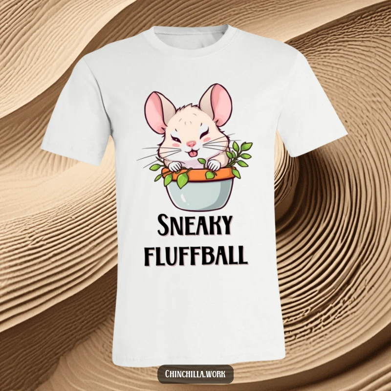 Funny Chinchilla with a sly grin, playfully hiding behind a green potted plant on a t-shirt, embodying secret fun.