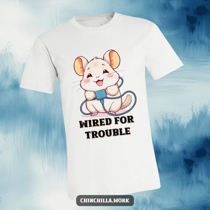 Funny Chinchilla T-Shirt: Depicts a chinchilla comically tangled in a charging cable, smiling through the struggle, ideal funny gift.