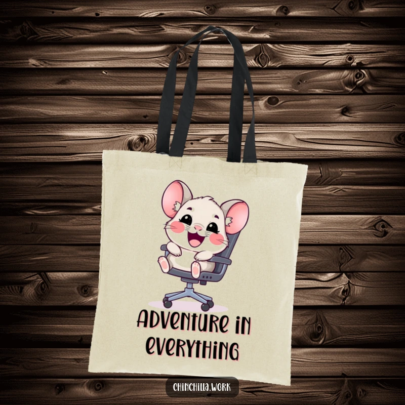 Funny kawaii chinchilla tote bag showing a happy rodent sliding down an office chair, great for carrying fun items.