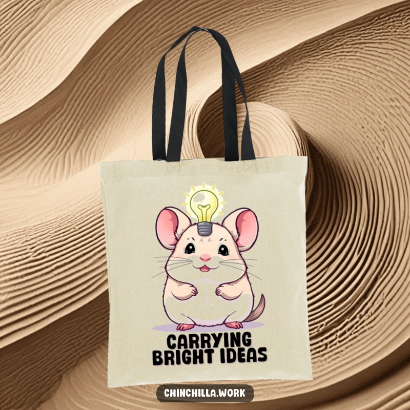 Funny Chinchilla Tote Bag carrying a glowing lightbulb, signifying brilliant ideas and convenient carrying for daily errands.