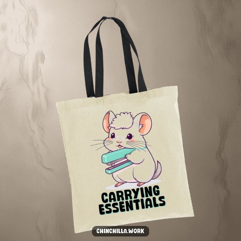 Funny chinchilla character balancing a stapler on its fluffy head, depicted on a durable tote bag for humorous organization.